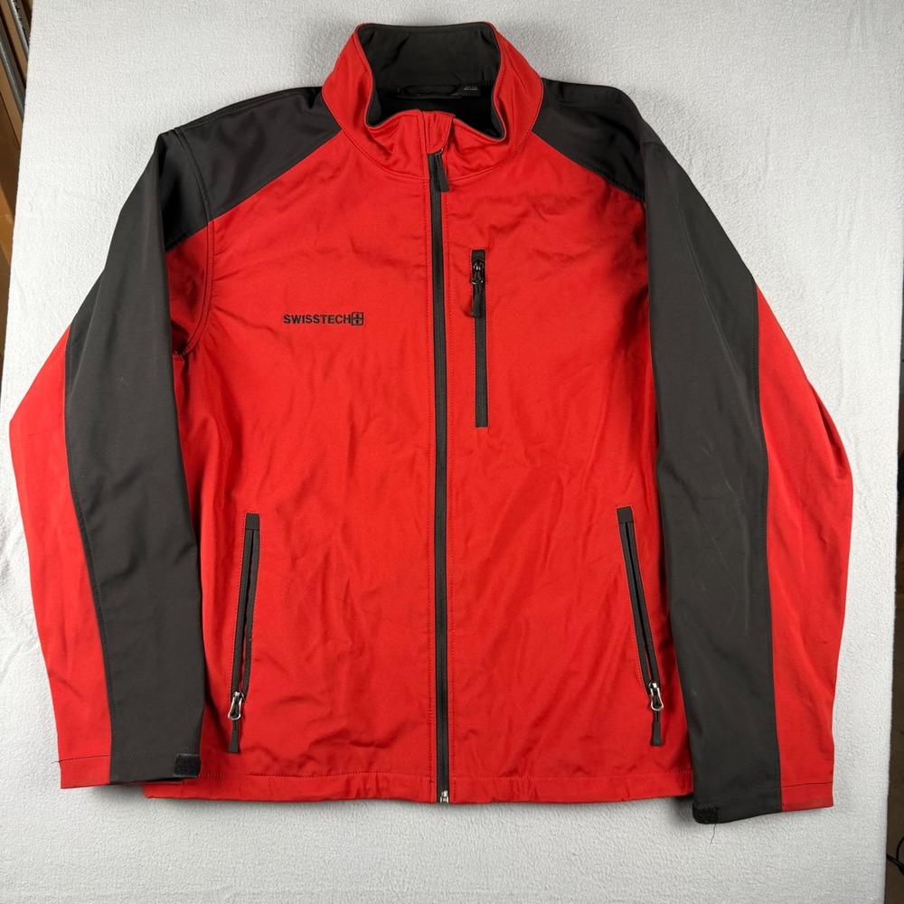 Swiss Tech Mens Large Red Black Softshell Fleece Lined Jacket Gorpcore Outdoor